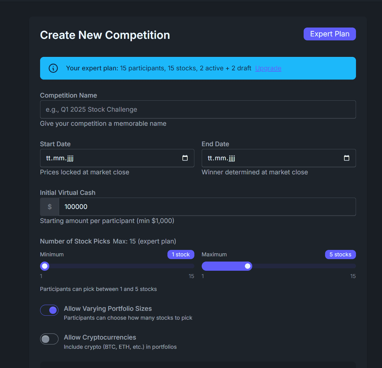Flexible Competition Setup showing customizable settings